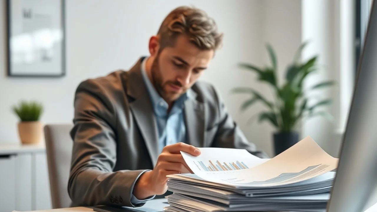 A frustrated real estate agent looking at a complex, cluttered CRM dashboard on a laptop screen, representing the struggle with bloated real estate software.
