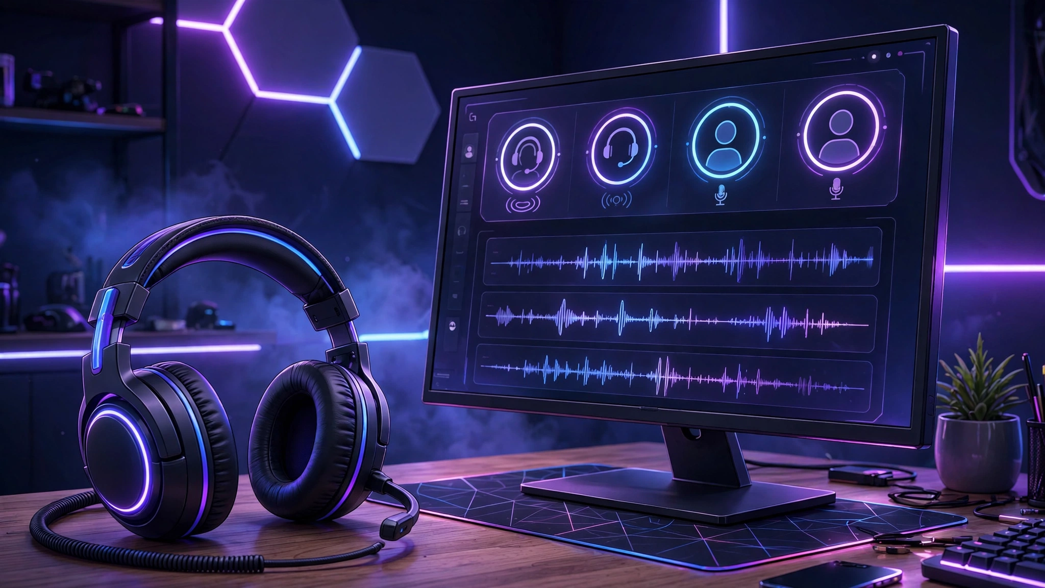 Gaming headset and monitor showing a Discord voice chat being transcribed