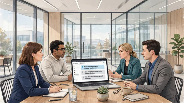Business meeting with a laptop showing a live meeting transcript