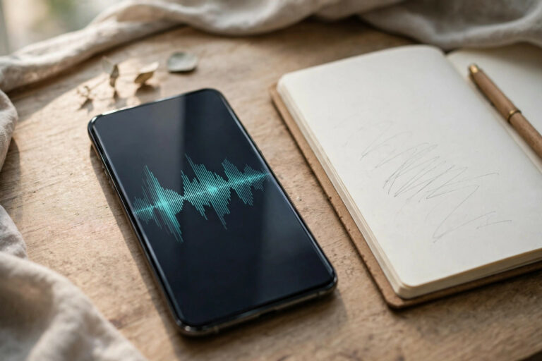 iPhone Voice Memos app being transcribed to text on a laptop screen
