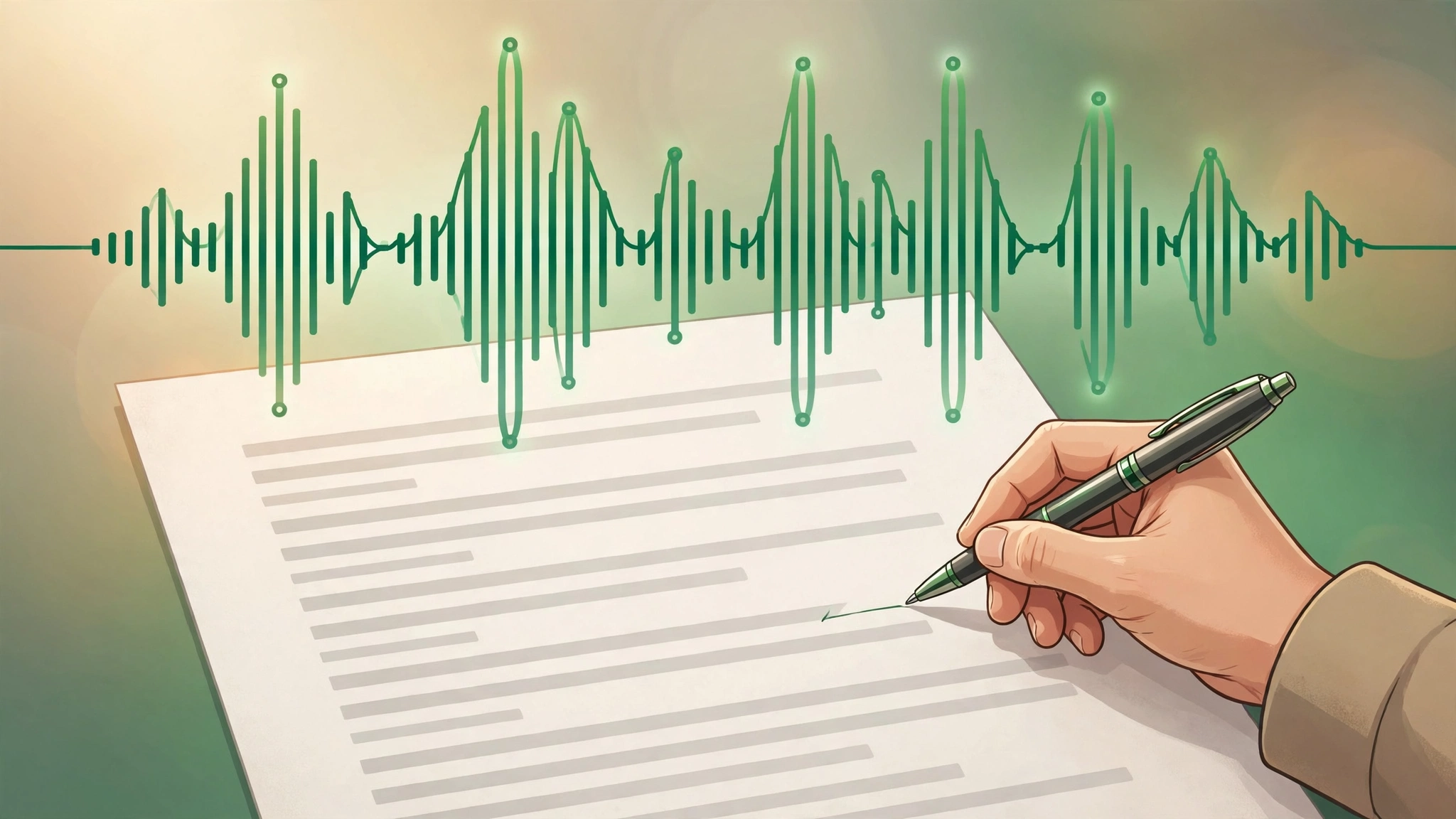 Rev.com transcript editor showing an audio waveform synced with human-reviewed text and speaker labels